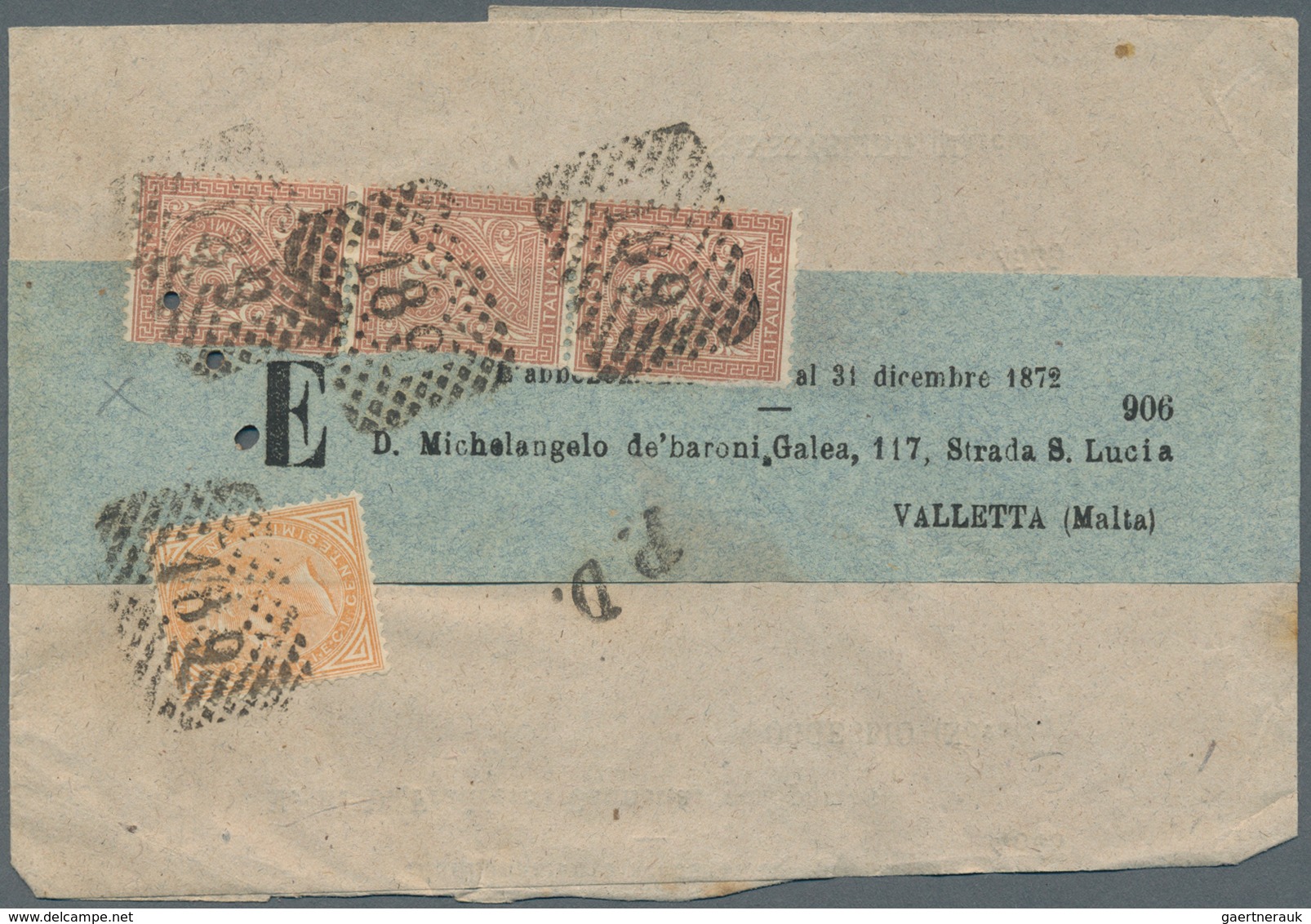 Italien: 1872, 10 C Brown-orange And 2 C Red-brown Strip Of Three Cancelled With "189" And "PD" In B - Neufs