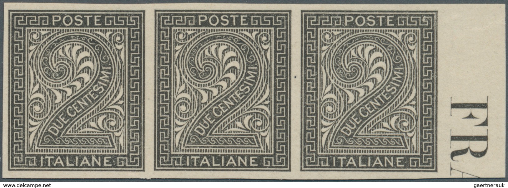 Italien: 1863, 2 C Numerals, Imperforated Color Proof In Black, Ungummed, Horizontal Strip Of 3 From - Neufs
