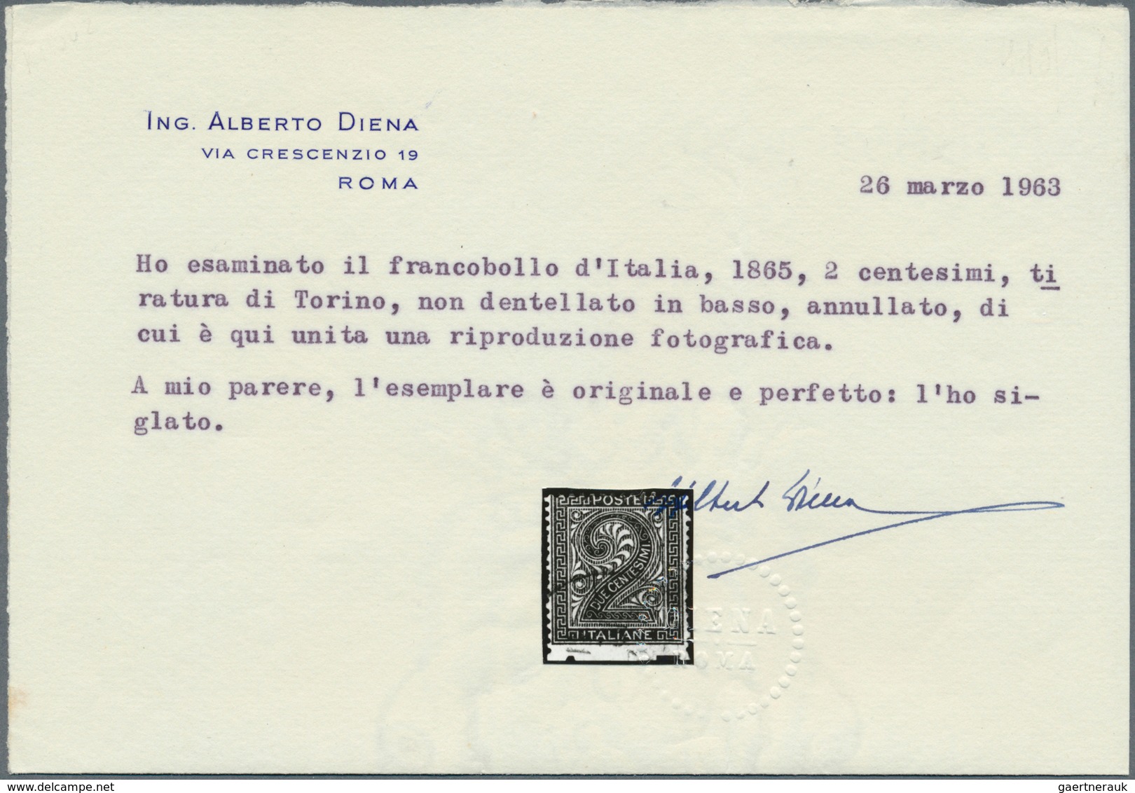 Italien: 1863, 2 Cent. DLR, Turin Printing, Unperforated At The Bottom. Cert. Alberto Diena. - Mint/hinged