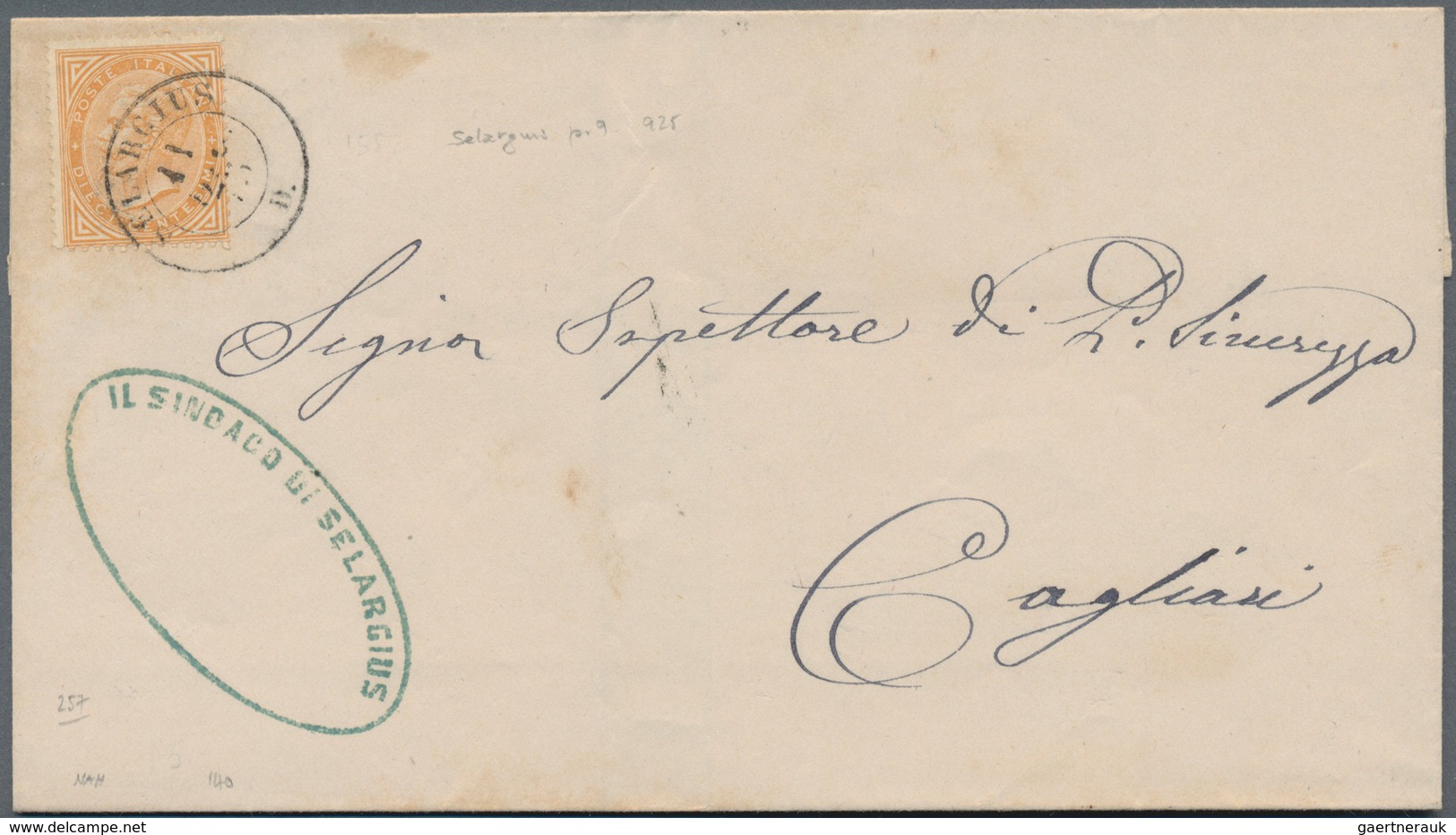 Italien: 1877, Victor Emmanuel 10 C Orange On Letter With Rare Double-cds "SELARGIUS 11 DIC 75 D." ( - Neufs