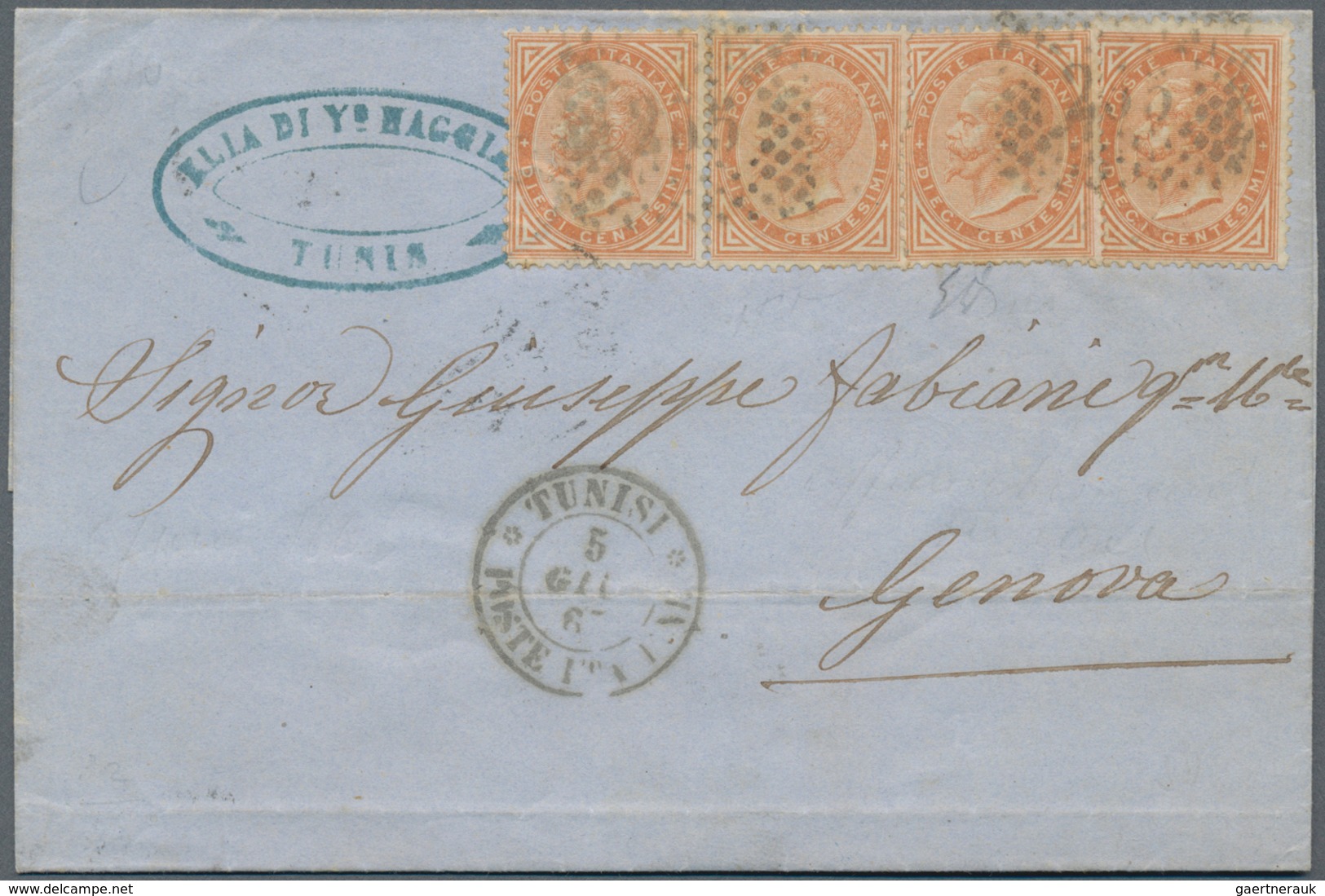 Italien: 1867, 4x 10 Cent, DLR Turin Printing, Tied By Dotted Numeral "235", Cds "TUNESI/Poste Itali - Neufs