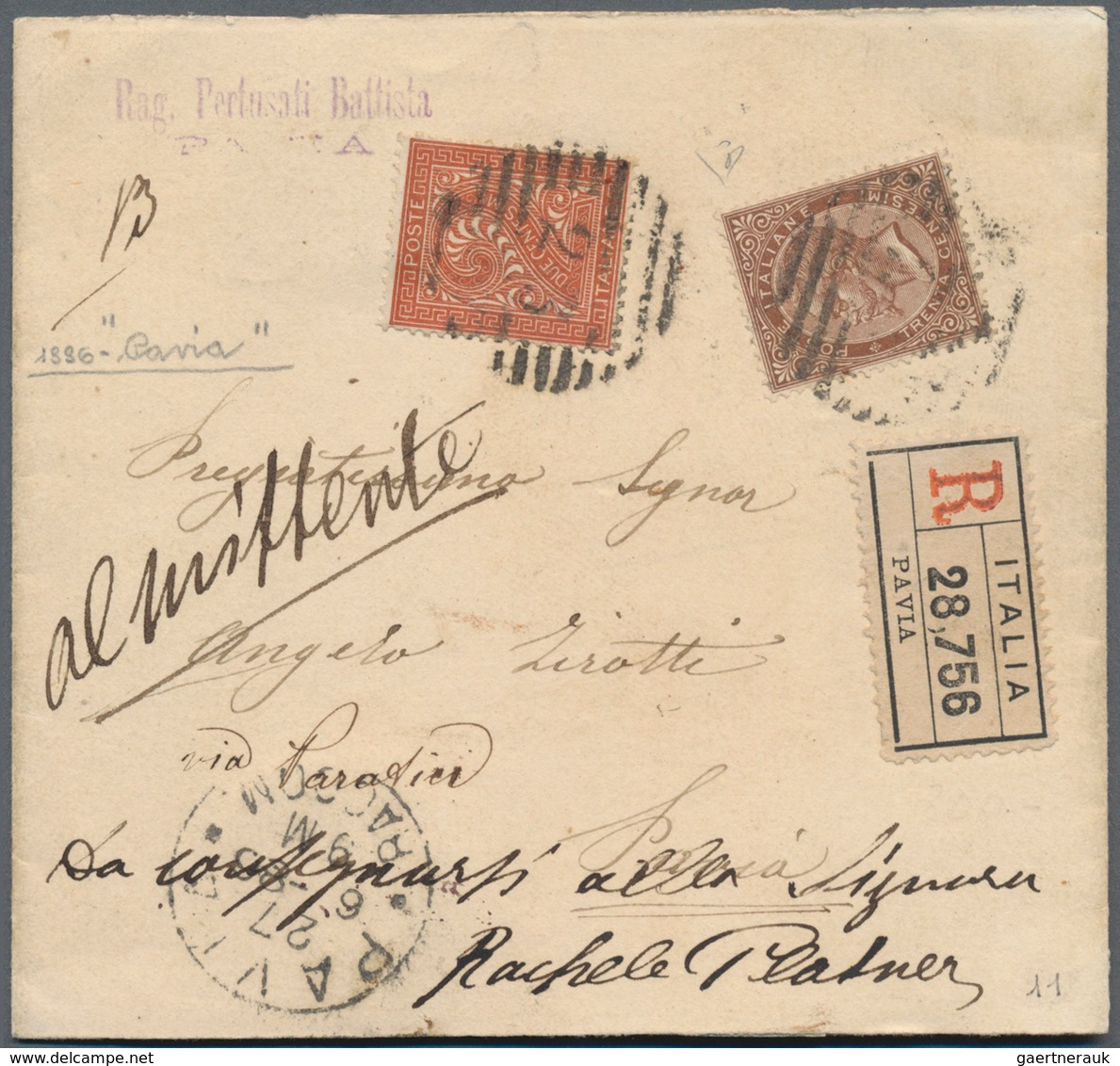 Italien: 1863/65, 2 C. And 30 C. Tied "29" With "PAVIA 27-6-86" Alongside As Registered Wrapper To T - Neufs