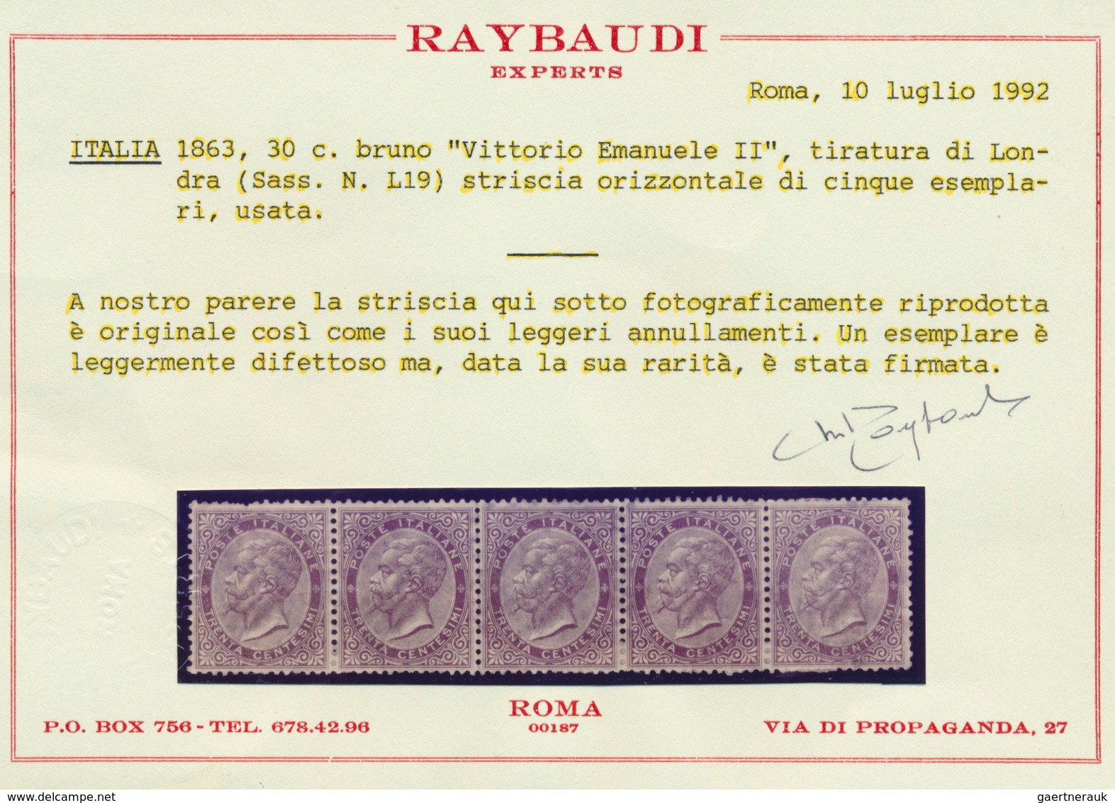 Italien: 1863 Strip Of Five 30 Cent De La Rue (London Print), Used With Very Light Cancel. One Stamp - Mint/hinged