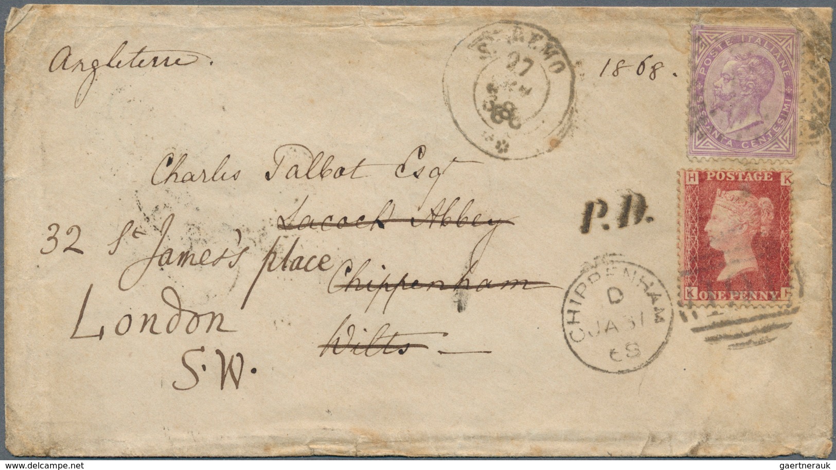Italien: 1868, MIXED FRANKING ITALIA-GREAT BRITAIN: An Envelope Bearing Italian Victor Emanuel 60 C - Mint/hinged