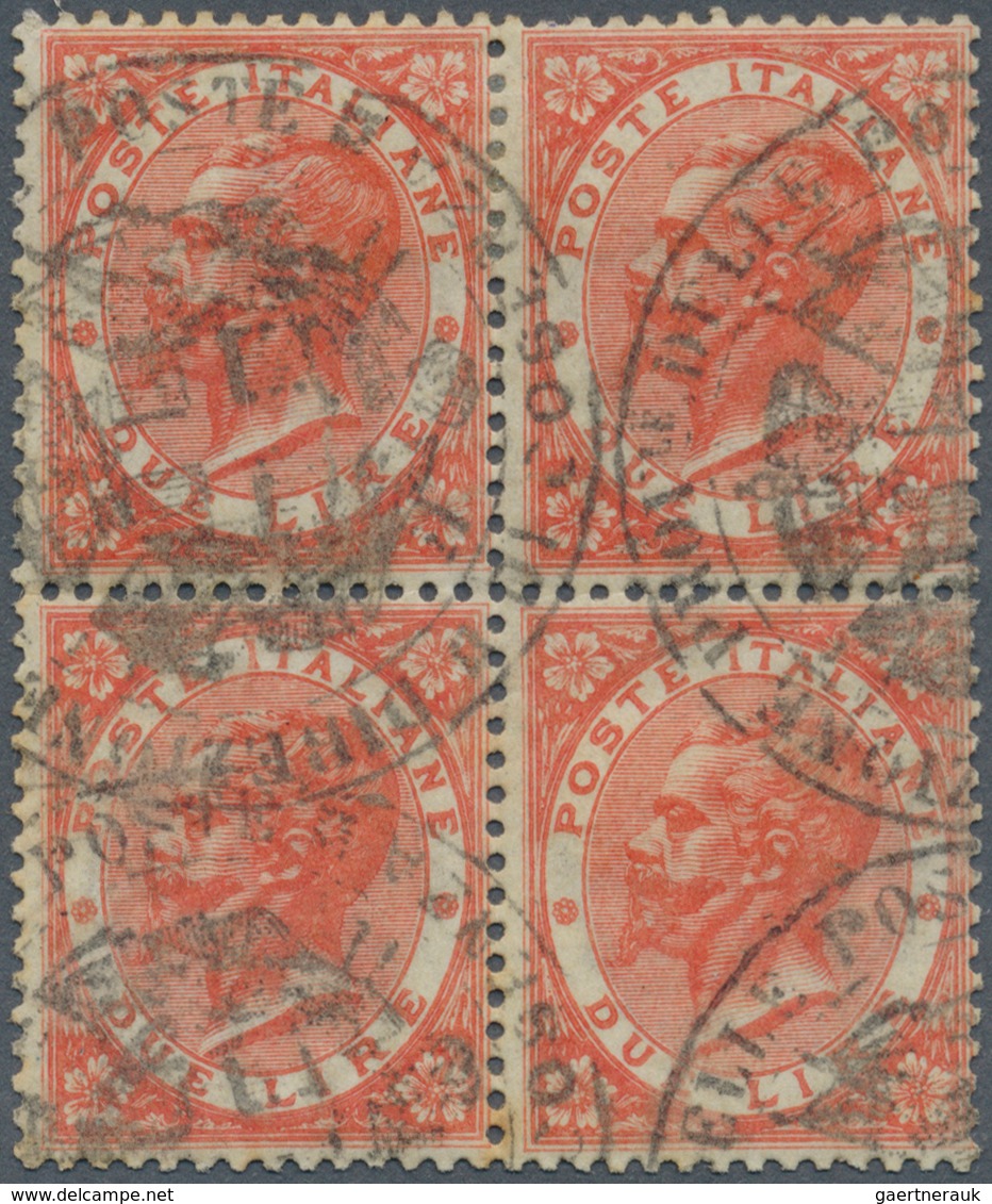 Italien: 1863, 2l. Orange, BLOCK OF FOUR Oblit. By COSENZA Post Office Seal, Bright Colour And Well - Mint/hinged