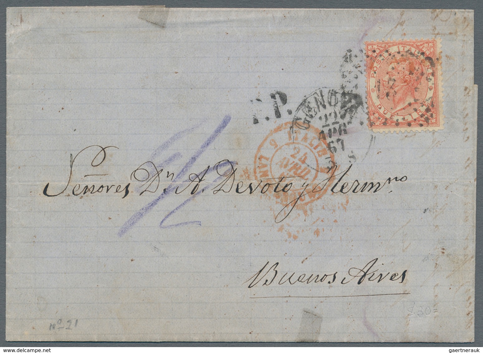 Italien: 1866, 2 Lire Scarlet, Regular Centering, Single Franking Tied By Dotted Numeral "13", Match - Mint/hinged
