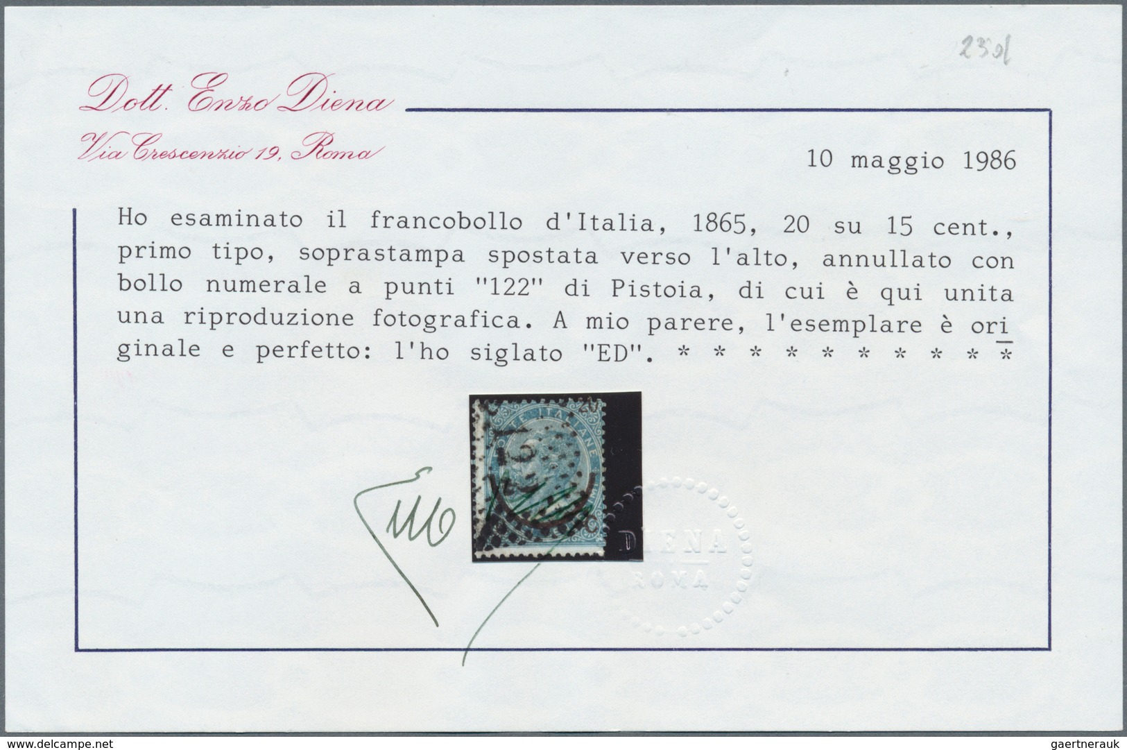 Italien: 1865, 20 Cent On 15 C, Type I, Overprint Shifted Towards The Top, Certificate Enzo Diena. - Mint/hinged