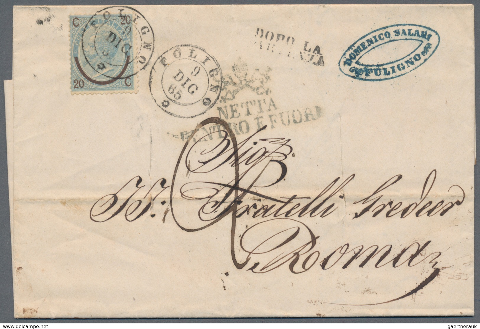 Italien: "FOLIGNO 9 DIC 1865" Cds On Entire Letter Franked 20c Send To Roma, Stato Pontificio With „ - Mint/hinged