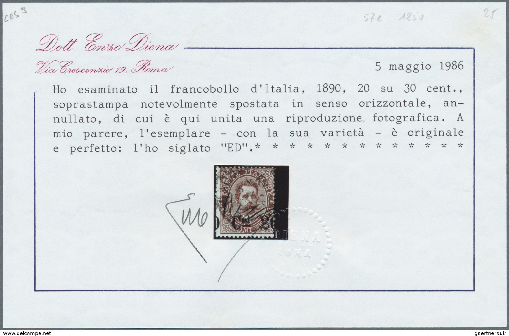 Italien: 1890/91: 20 C. On 30 C, With Strongly Shifted Overprint. Cert. Diena. - Mint/hinged