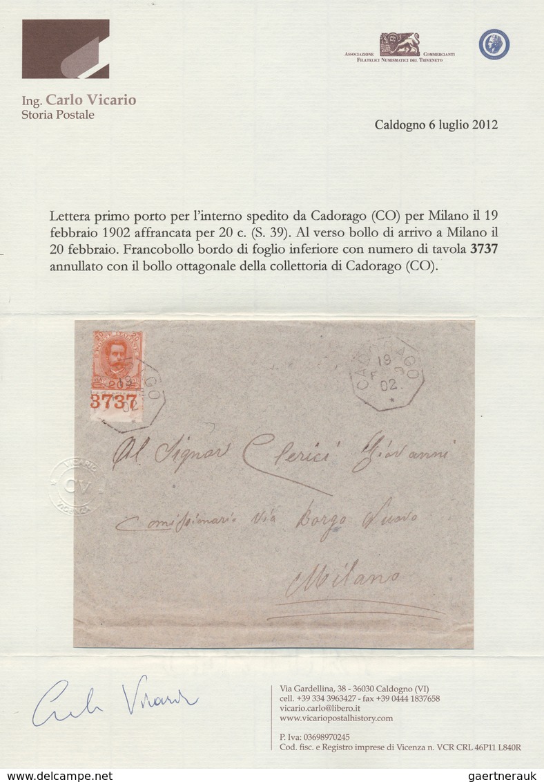 Italien: 1902, 20 Cent Umberto I From The Bottom Margin With Plate Number 3737. Certificate Vicario. - Mint/hinged