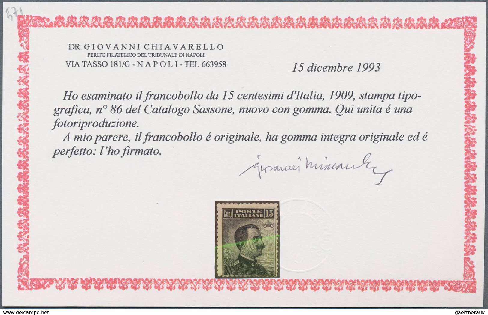 Italien: 1909, 15c. Slate, Fresh Colour, Well Perforated, Unmounted Mint, Signed A.Diena, Dr.Chiavar - Neufs