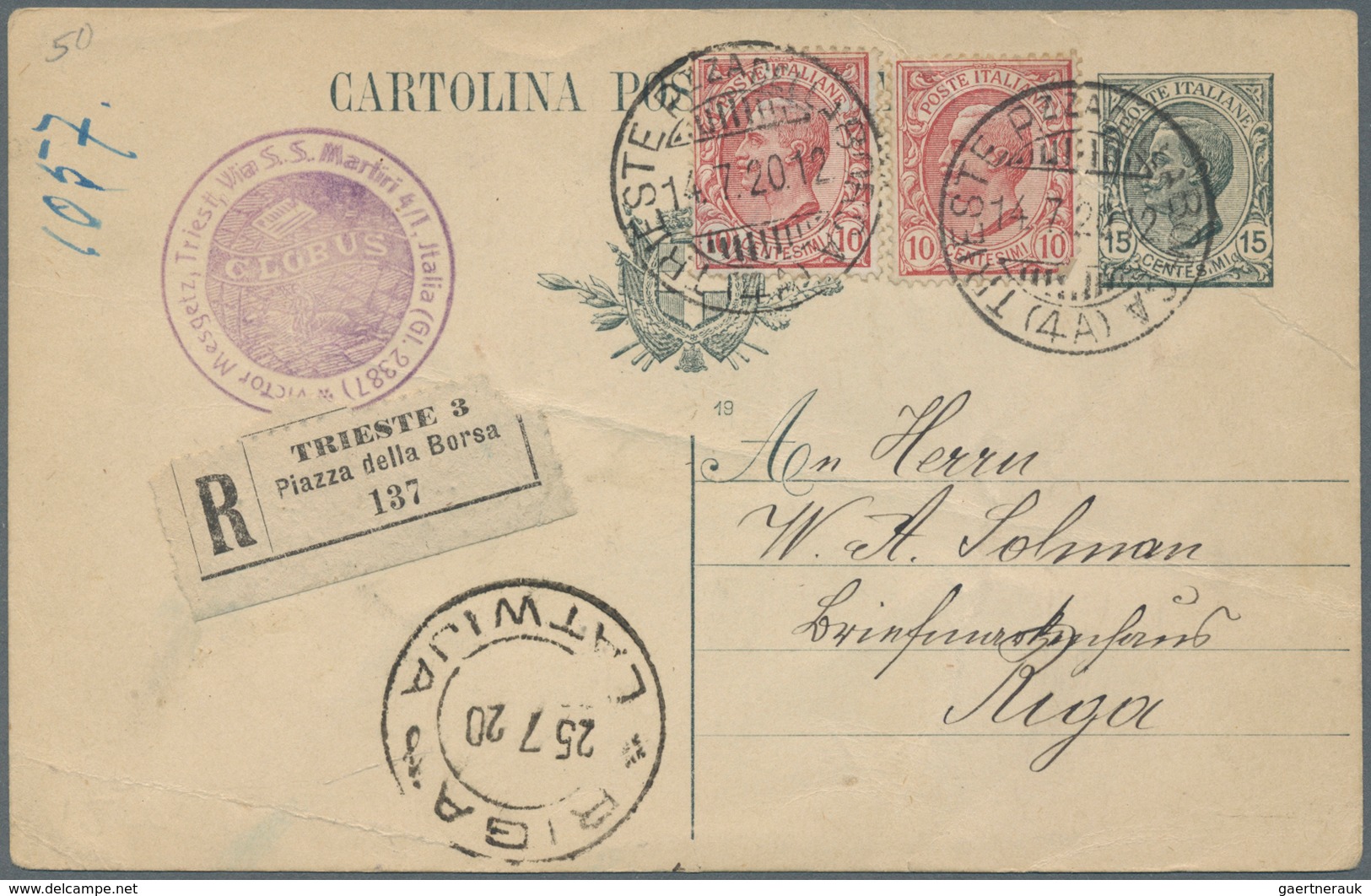 Italien: 1920, Two Items 10 C Brown-rose Additional Franking On 15 C Shale Postal Stationery Card Fr - Mint/hinged