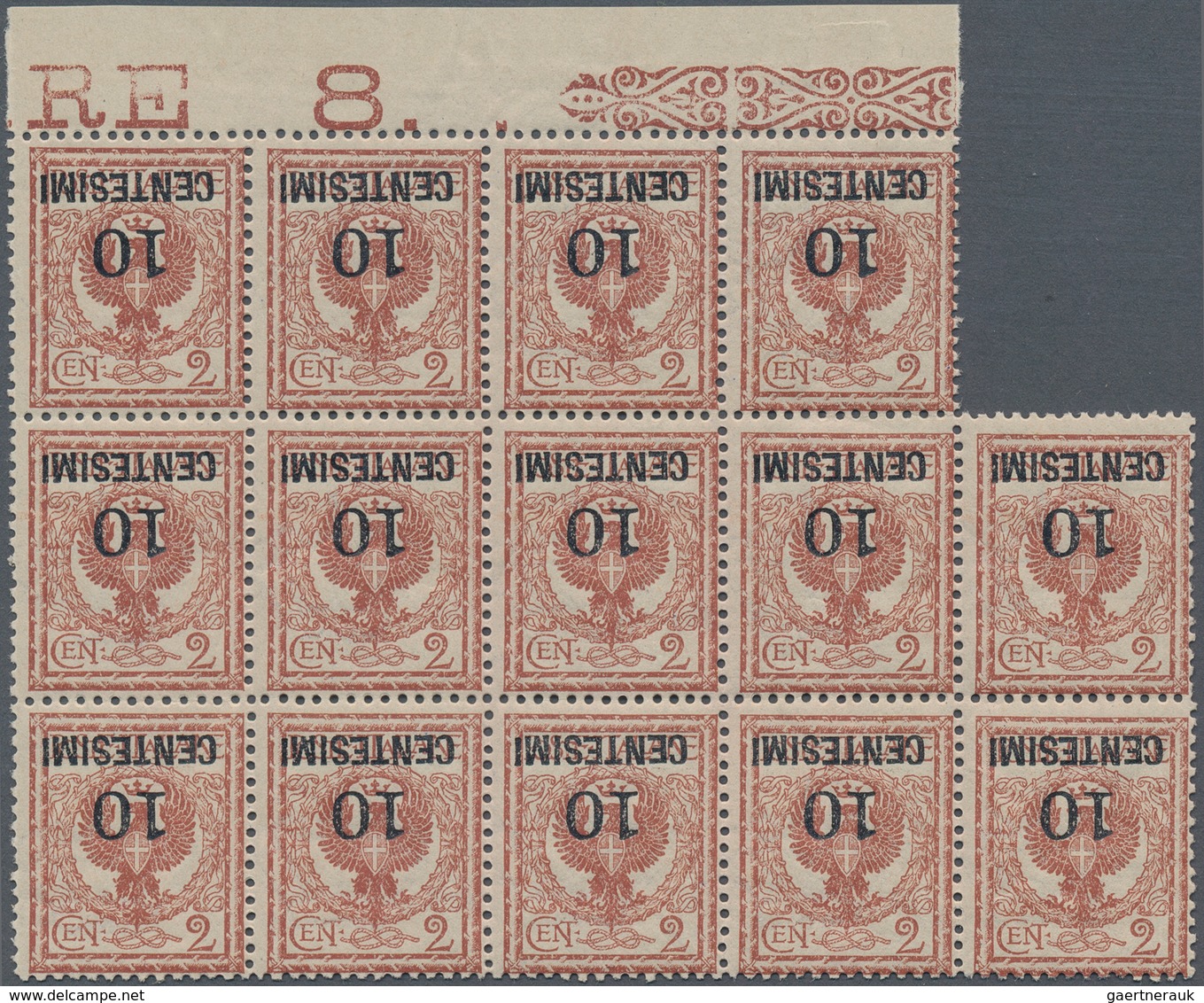 Italien: 1923, 10c. On 2c. Reddish Brown, INVERTED OVERPRINT, Top Marginal Block Of 14 Stamps, Unmou - Mint/hinged