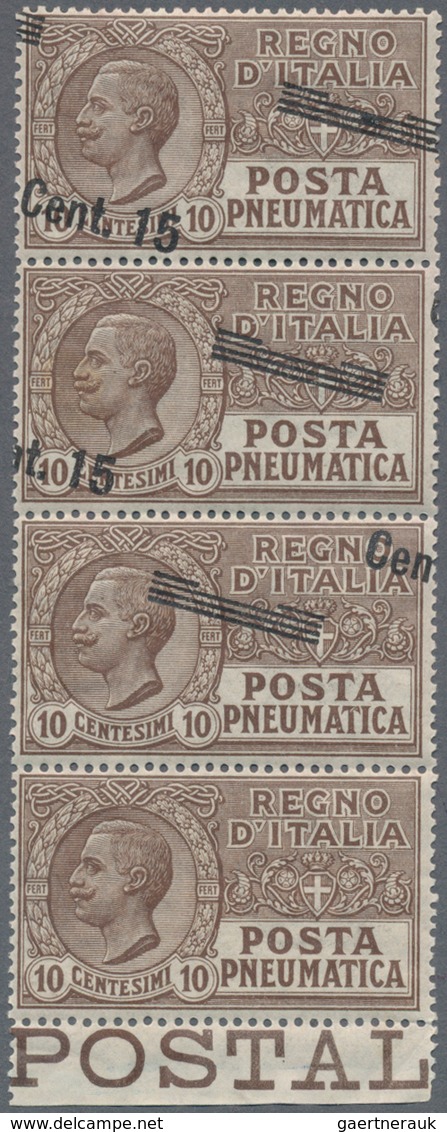 Italien: 1924. Italian Pneumatic Mail, 15 C. On 10 C Brown, Strip Of Four, From The Lower Margin Wit - Mint/hinged