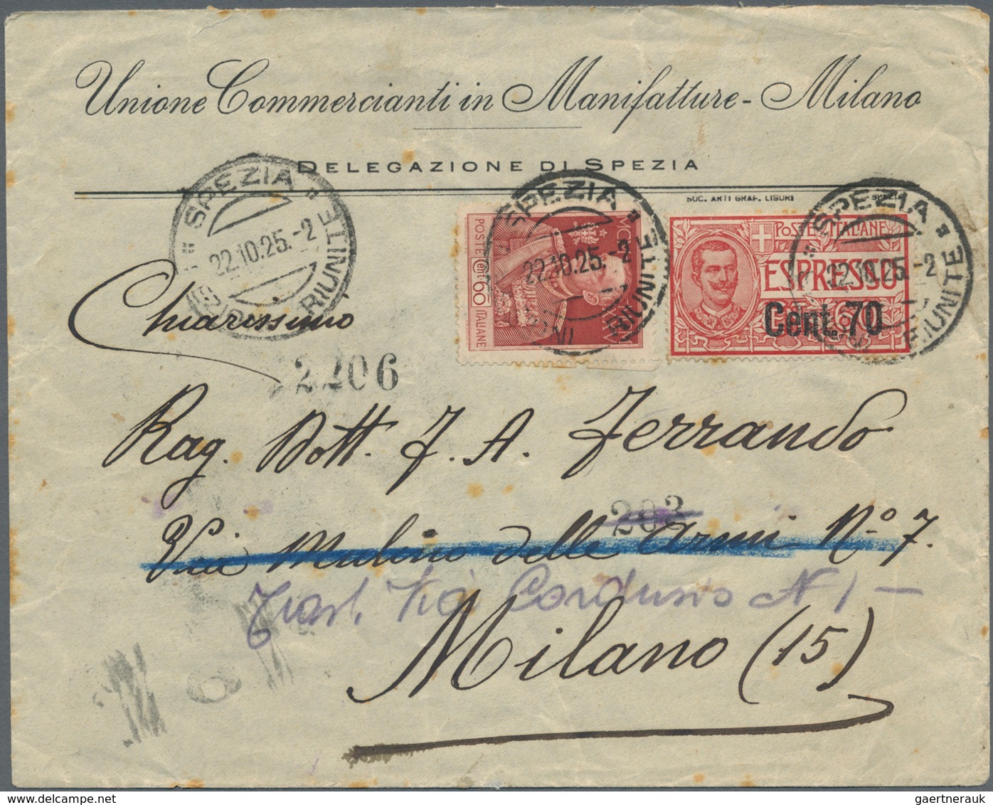 Italien: 1925, Express Cover (small Stains) From SPEZIA To Milano, Redirected Within The City. "MILA - Mint/hinged