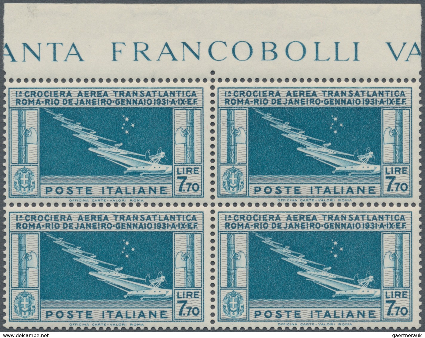 Italien: 1930, Squadron Flight, 7.70l. Blue, Top Marginal Block Of Four, Unmounted Mint. Mi. 2.800,- - Mint/hinged