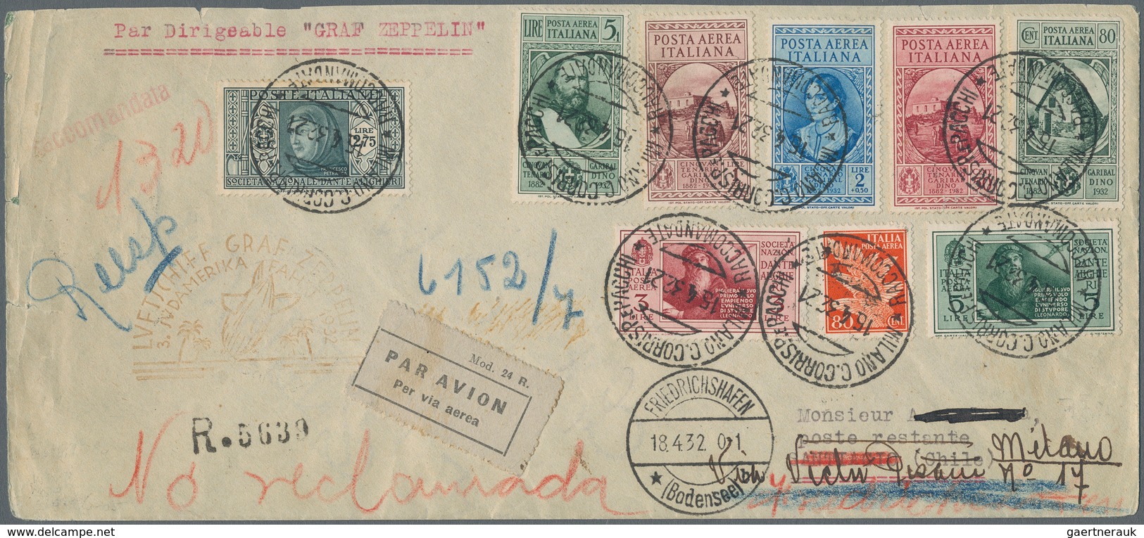 Italien: 1932; Luftschiff "Graf Zeppelin", 3. SÜDAMERIKAFAHRT, Highly Franked Envelope From MILANO 1 - Mint/hinged