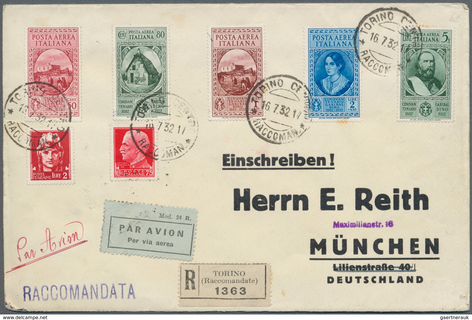 Italien: 1932, Garibaldi, Airmails 50c. To 5l. (two Stamps Toned Perfs), With Additional Franking On - Mint/hinged