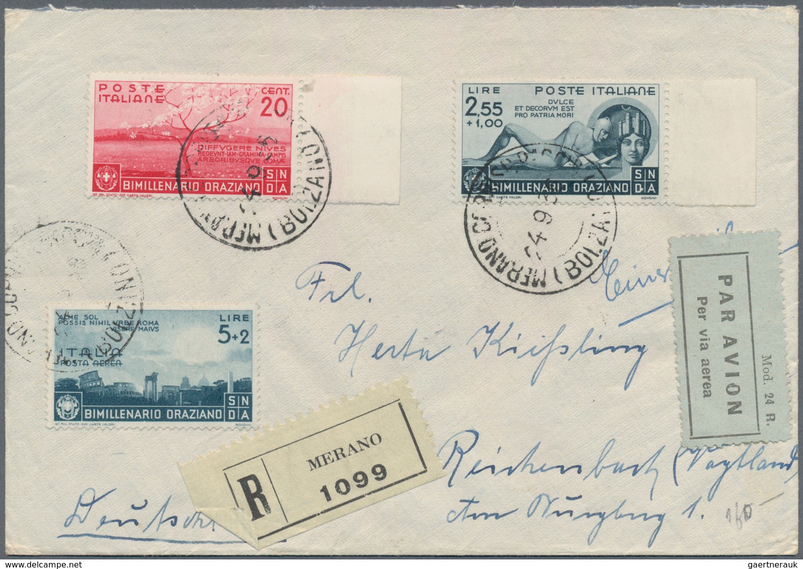 Italien: 1936, 2000. Birthday Of Horace, Complete Set On 5 Letters, Mostly Air Mail And R-letters. - Mint/hinged