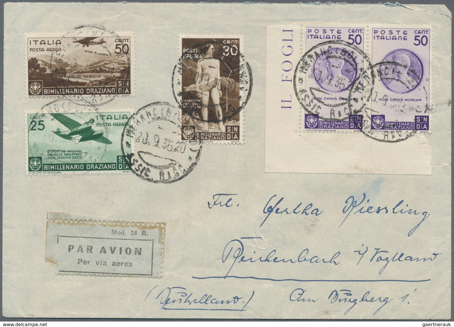 Italien: 1936, 2000. birthday of Horace, complete set on 5 letters, mostly air mail and R-letters.