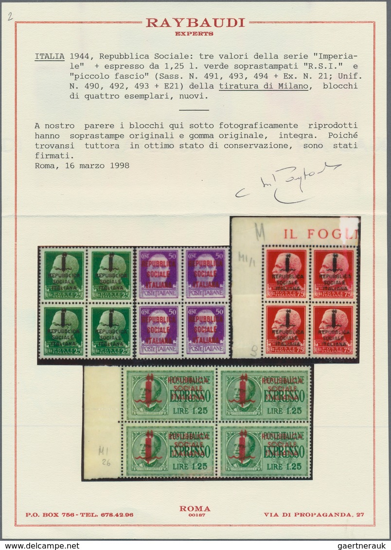 Italien: 1944, Rep.Sociale, Milano Issue, All Four Overprinted Values Each As Block Of Four, Unmount - Mint/hinged
