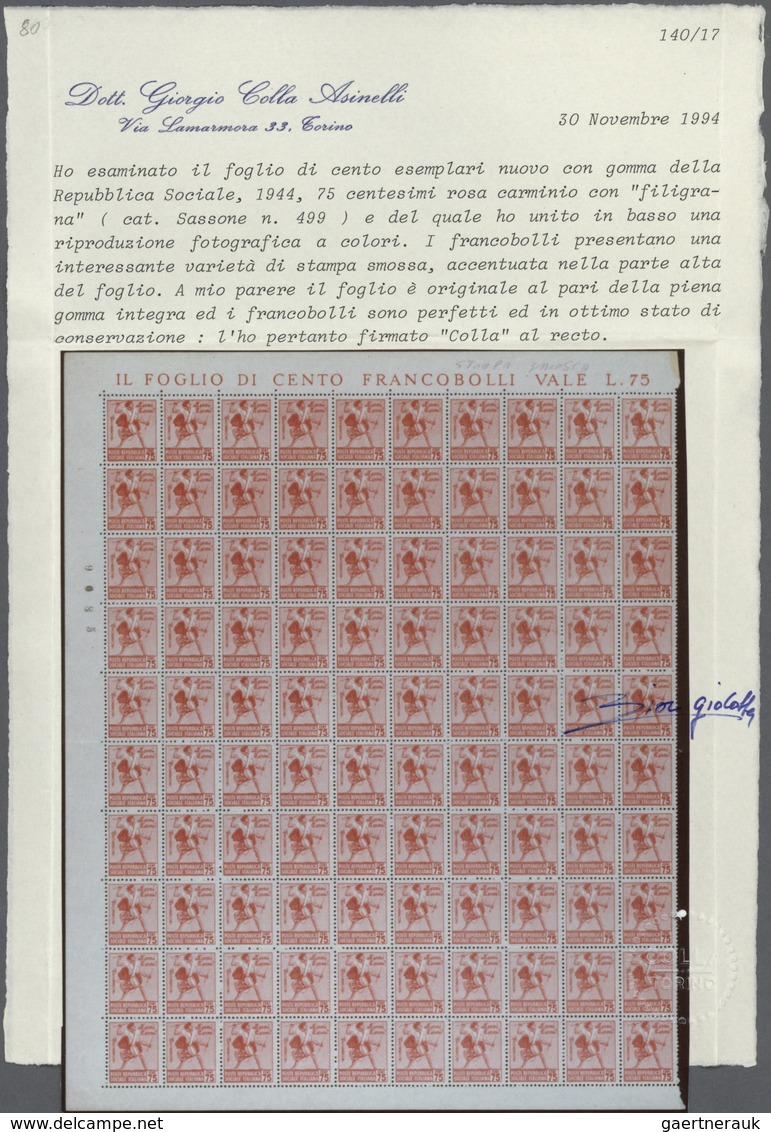 Italien: 1944, 75c. Carmine With Variety "slightly Blurred Printing", Sheet Of 100 Stamps (folded An - Mint/hinged