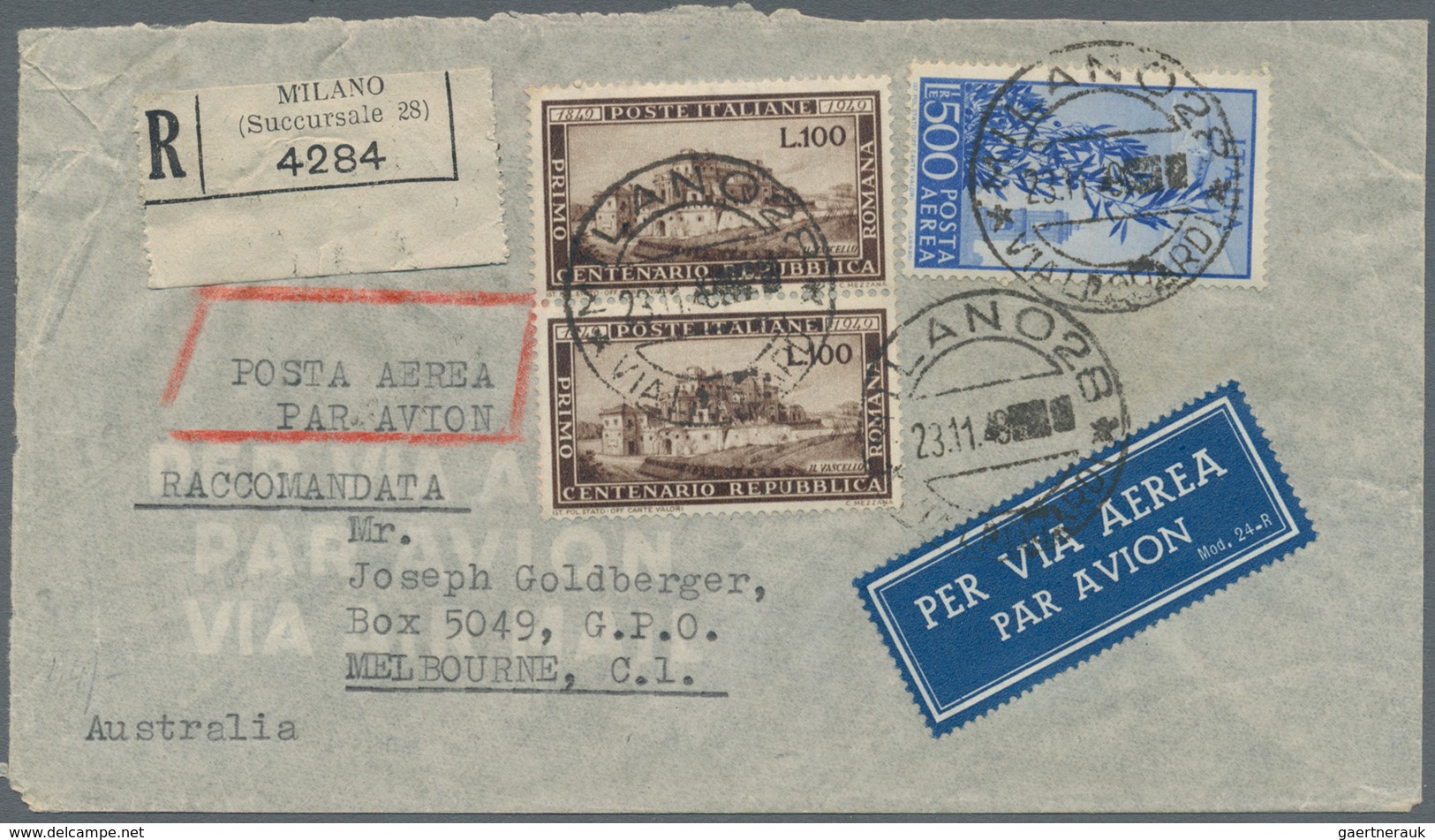 Italien: 1949, 100l. Brown Vertical Pair In Combination With Airmail 500l. Ultramarine, Attractive F - Mint/hinged