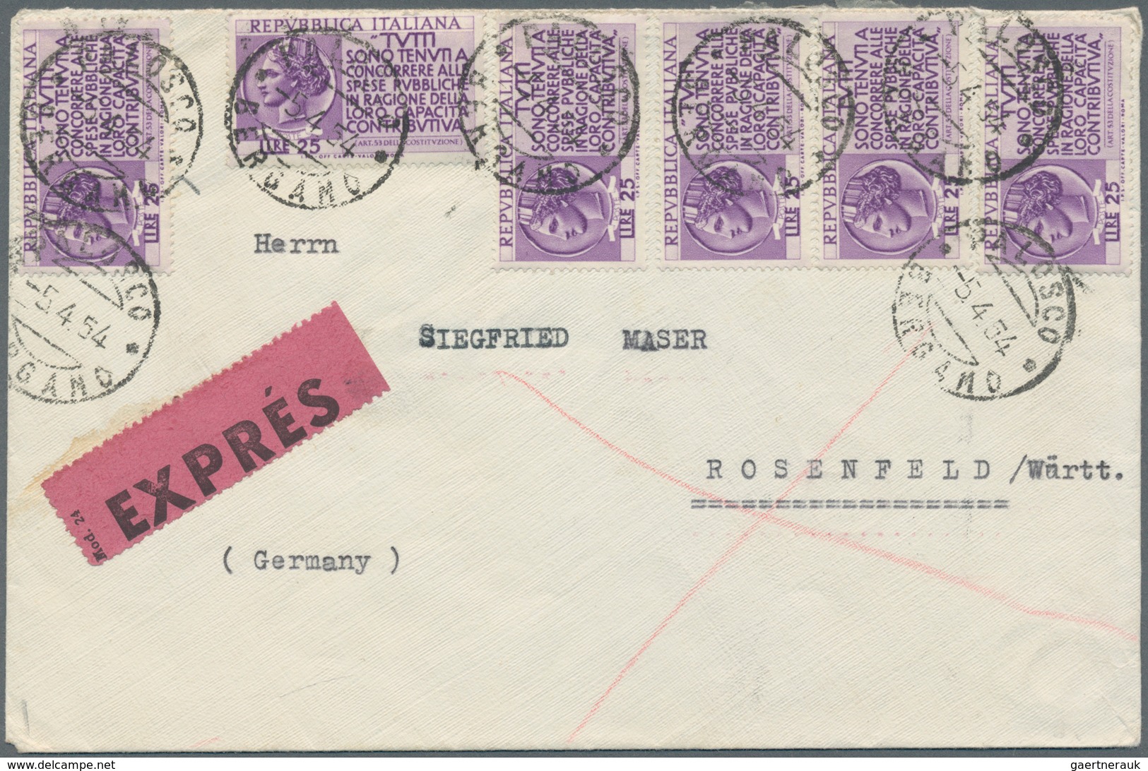 Italien: 1954, 25 L Purple Violet - Rare Multiple Franking With Six Items On Express-letter From Ber - Mint/hinged