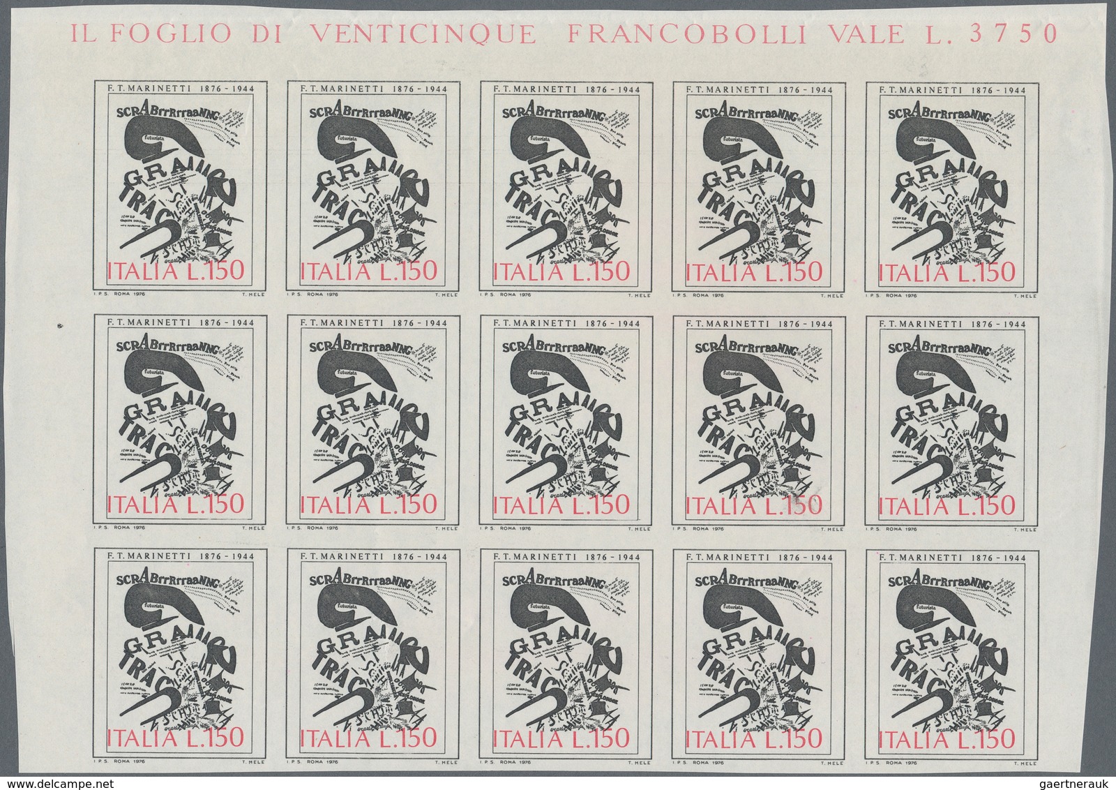 Italien: 1976, Italian Art, 150l. Marinetti, Imperforate Top Marginal Block Of 15, Unmounted Mint (s - Mint/hinged