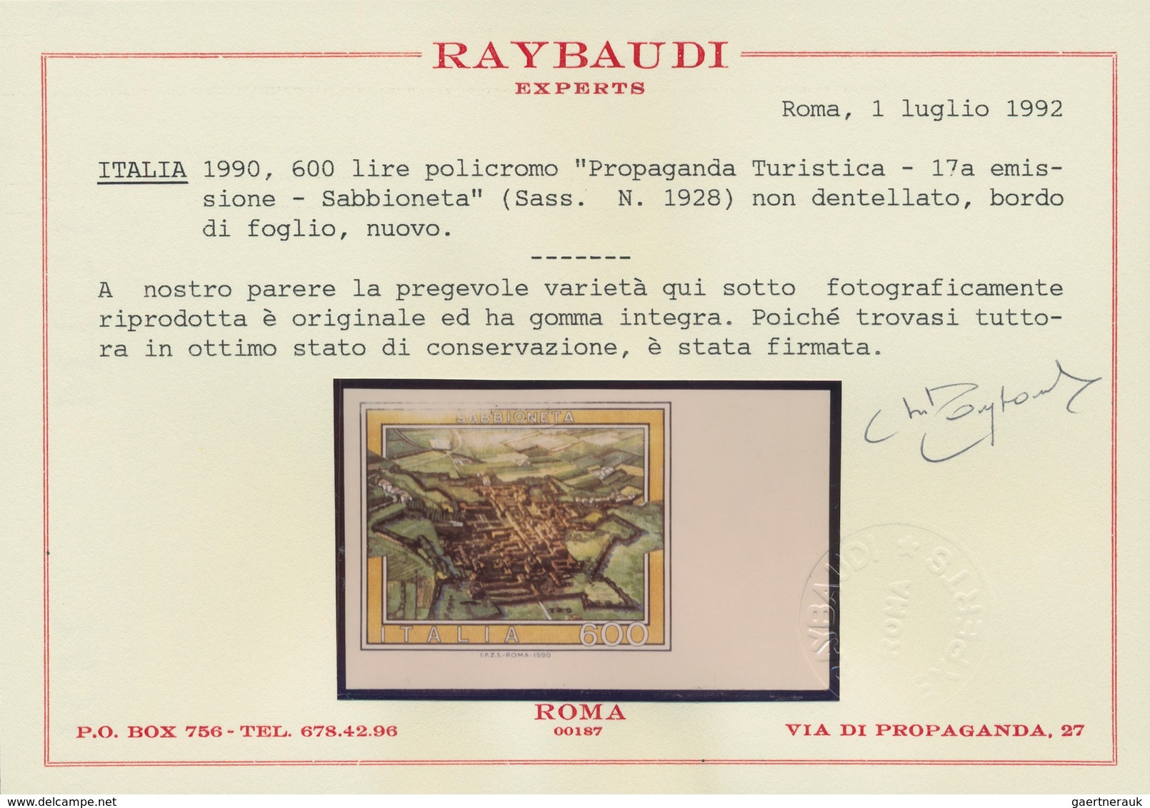 Italien: 1990, 600 Lire "Propaganda Turistica - Sabbionetta", Perforation Missing, Parts Of Yellow M - Mint/hinged