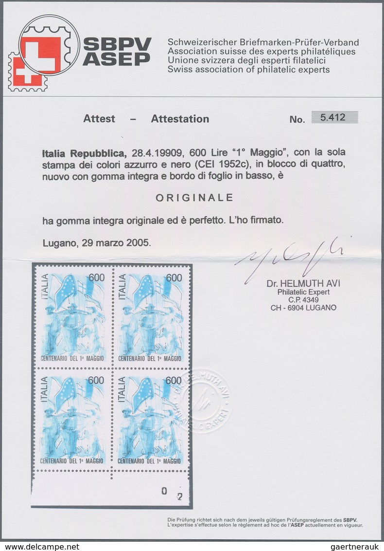 Italien: 1990, Centenary Of Labour Day, 600l. With Impression Of Black And Blue Colours Only, Bottom - Neufs