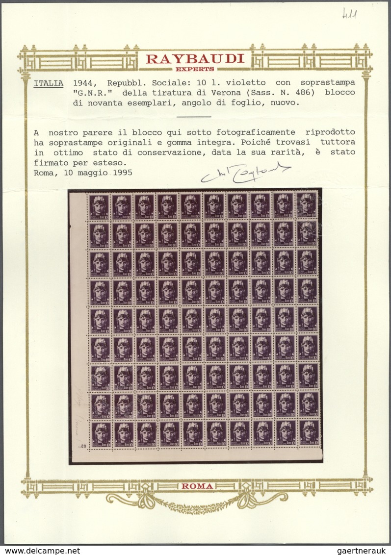 Italien - Militärpostmarken: Nationalgarde: 1944, Verona Issue, 10l. Violet, Pane Of 90 Stamps (fold - Autres & Non Classés