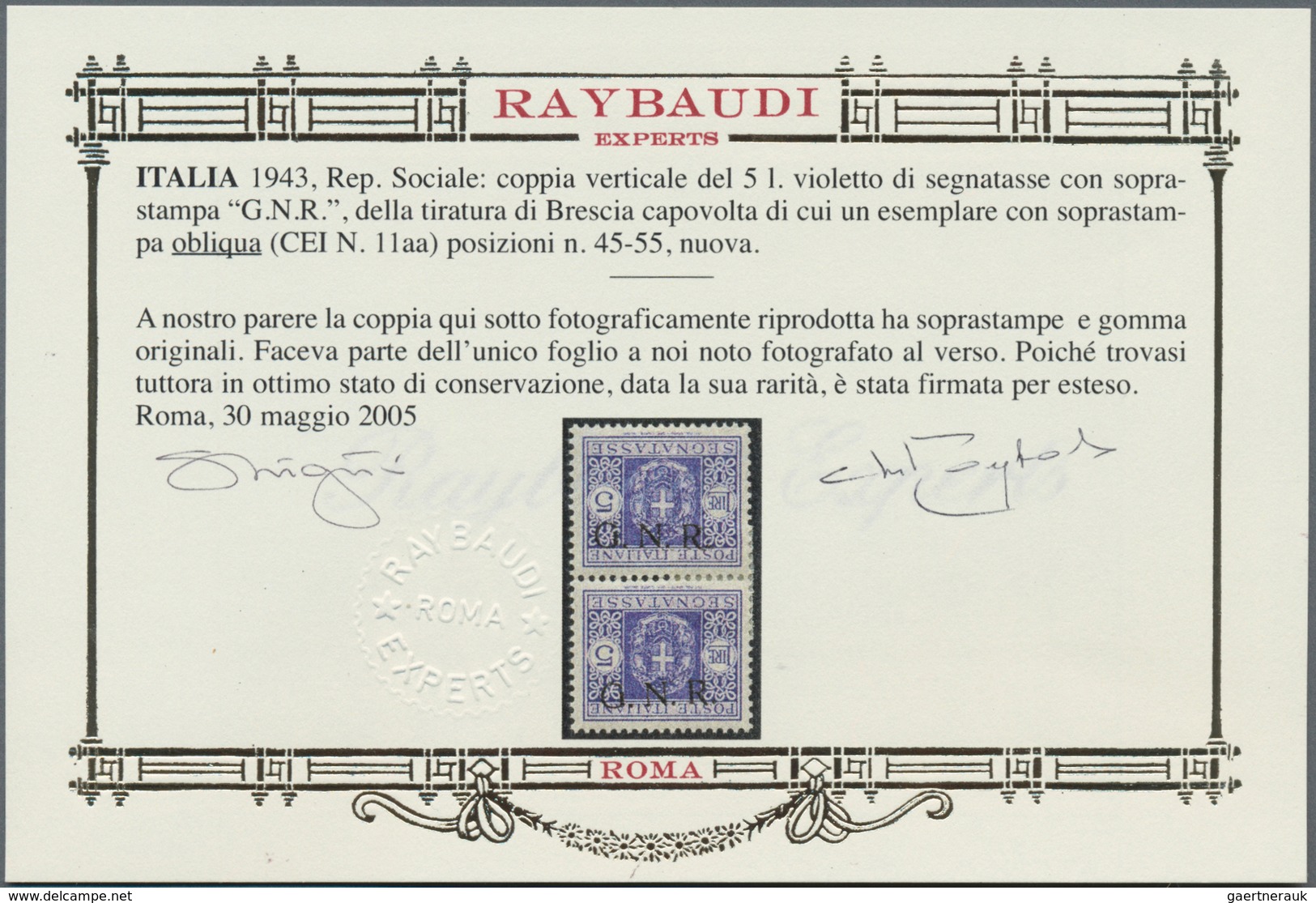 Italien - Militärpostmarken: Nationalgarde: 1943, G.N.R. On Postage Dues 5l. Violet, Brescia Issue, - Autres & Non Classés