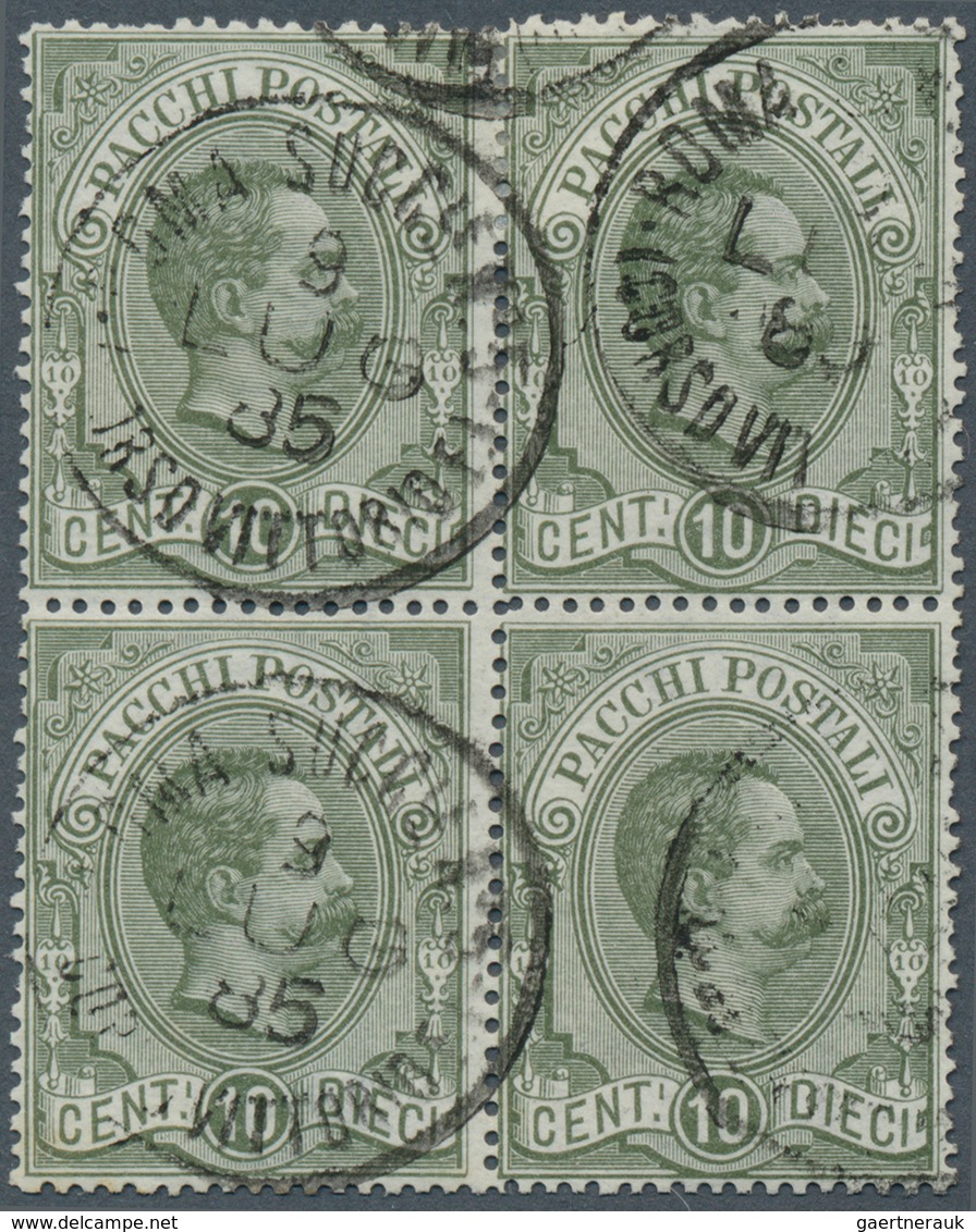 Italien - Paketmarken: 1884, König Umberto I. 10 C. Dunkeloliv Im Viererblock Mit Stempeln 'ROMA SUC - Colis-postaux