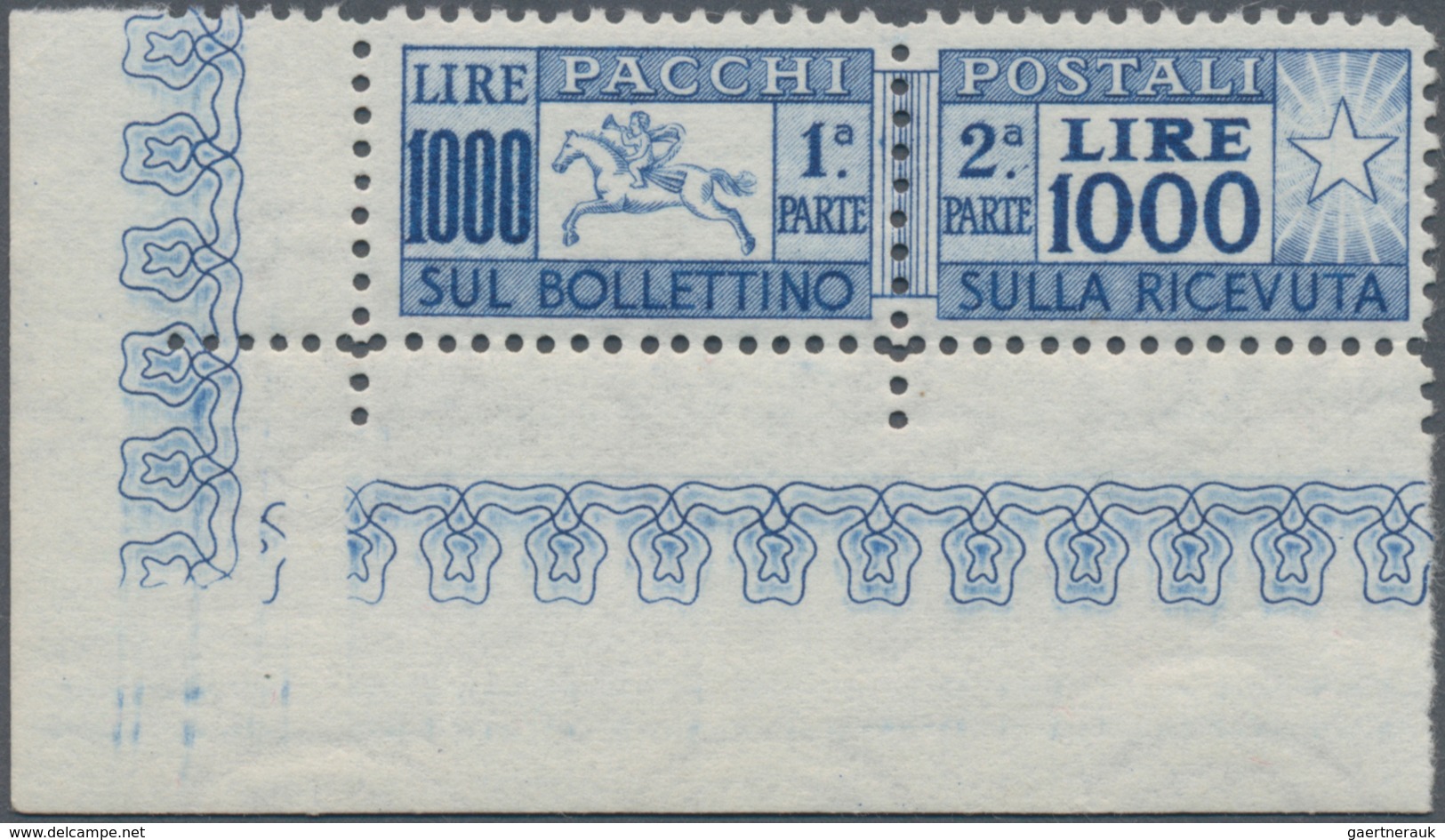 Italien - Paketmarken: 1954, 1000 Lire Parcel Stamp, Mnh From The Left, Lower Corner Of The Sheet. ( - Colis-postaux