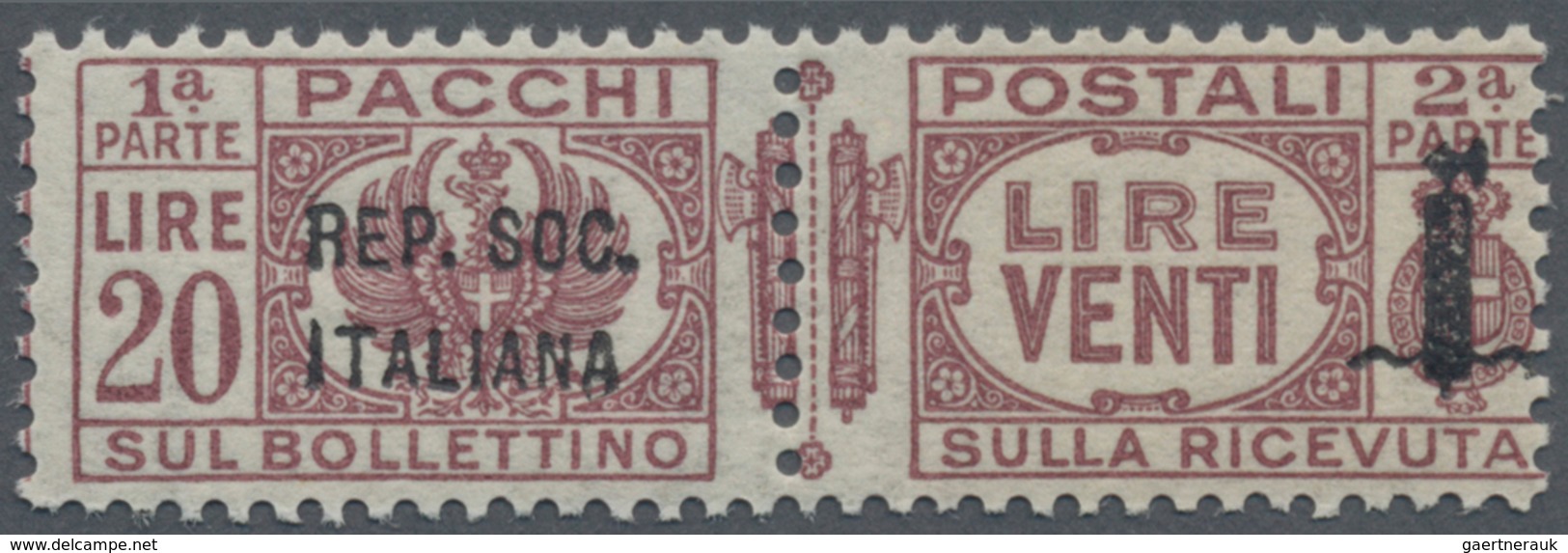 Italien - Paketmarken: 1944, "REPUBBLICA SOCIALE" Overprints, 20l. Lilac Unmounted Mint. Michel 650, - Paketmarken