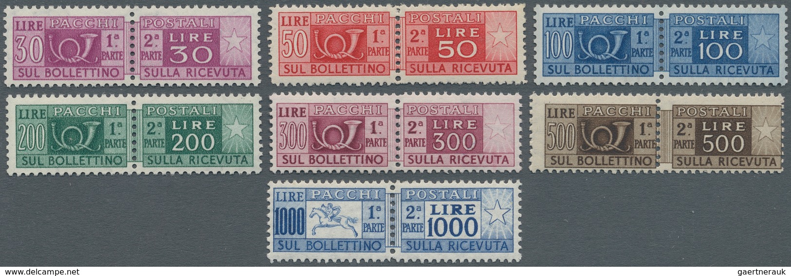 Italien - Paketmarken: 1946/1954, PARCEL STAMPS, 16 Values, Complete Set Including The Rare 1.000 Li - Colis-postaux