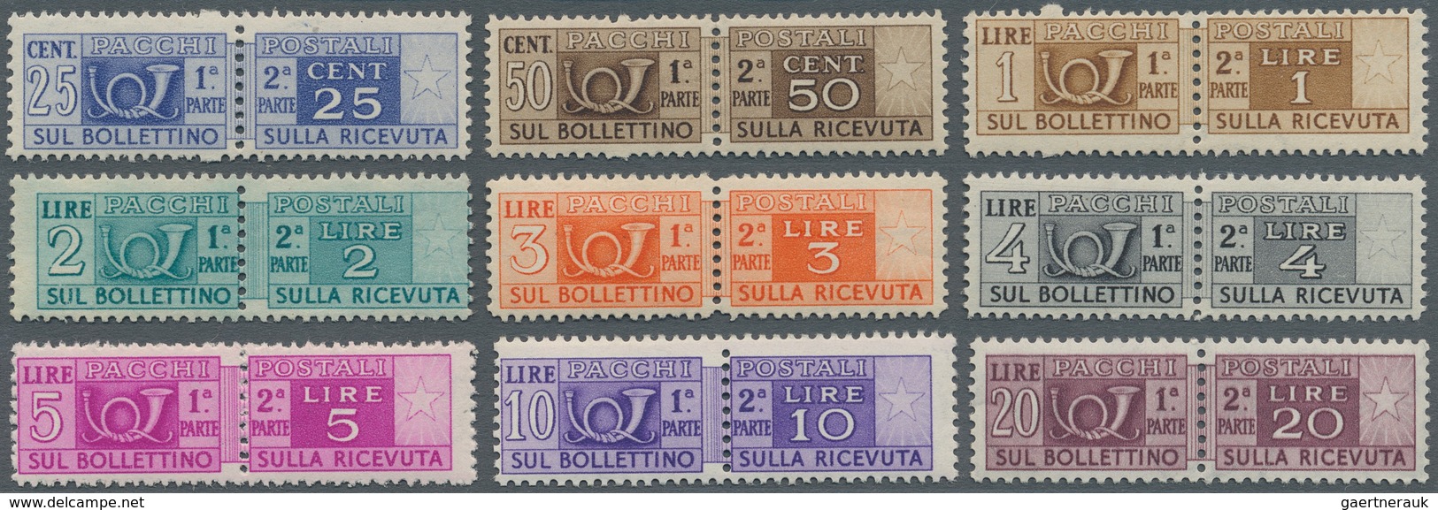 Italien - Paketmarken: 1946/1954, PARCEL STAMPS, 16 Values, Complete Set Including The Rare 1.000 Li - Postal Parcels