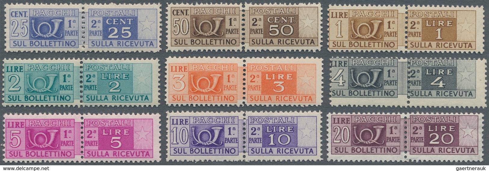 Italien - Paketmarken: 1946, PARCEL STAMPS, 15 Values, Complete Set, Mnh. (ME 2.500.-) ÷ 1946, 15 We - Colis-postaux