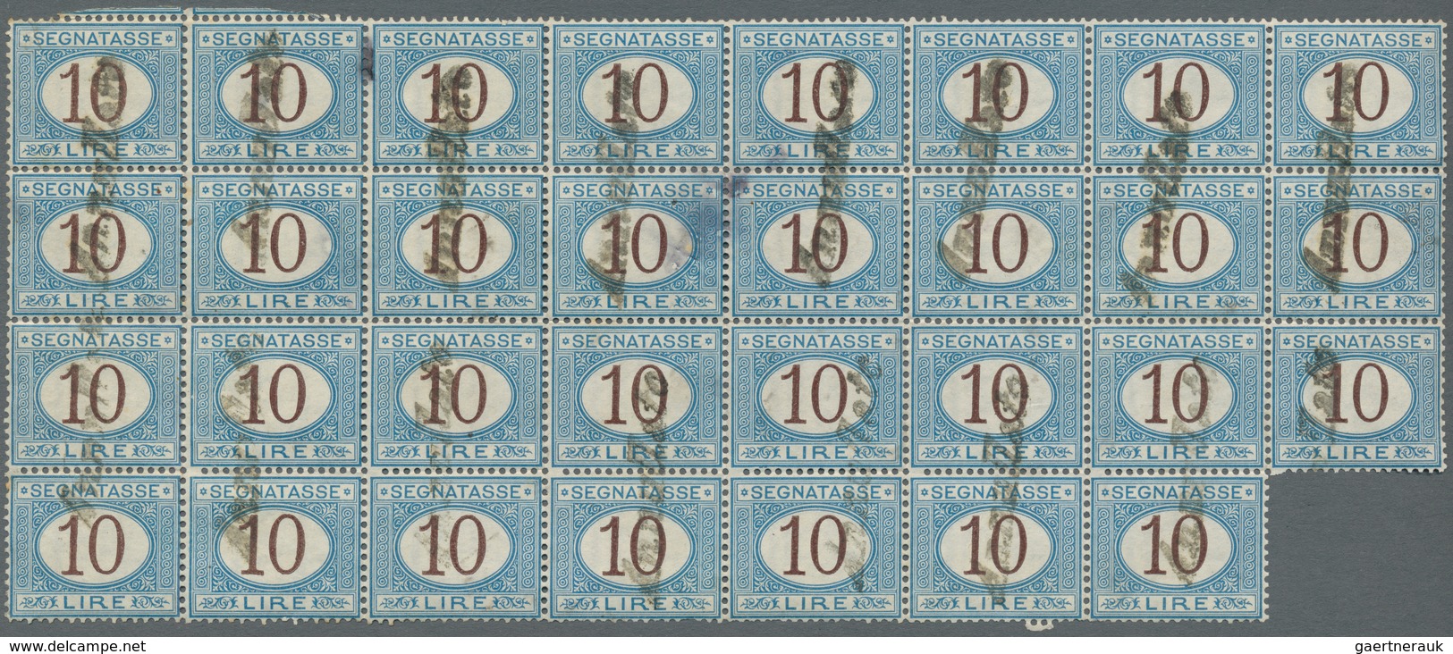 Italien - Portomarken: 1870, "10 L. Blue And Brown" (Sassone No. 14) In A Spectacular Block Of 31 Us - Taxe