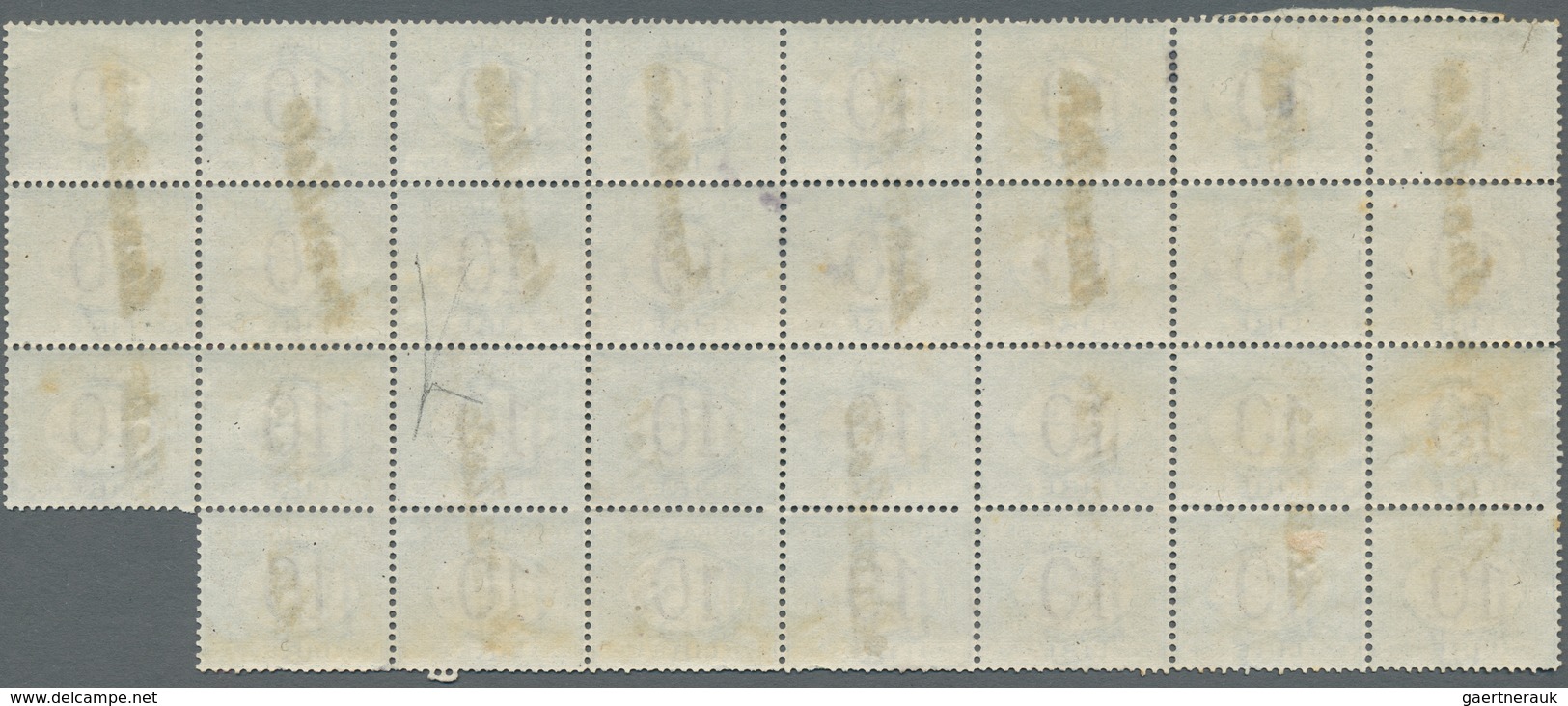 Italien - Portomarken: 1870, "10 L. Blue And Brown" (Sassone No. 14) In A Spectacular Block Of 31 Us - Taxe