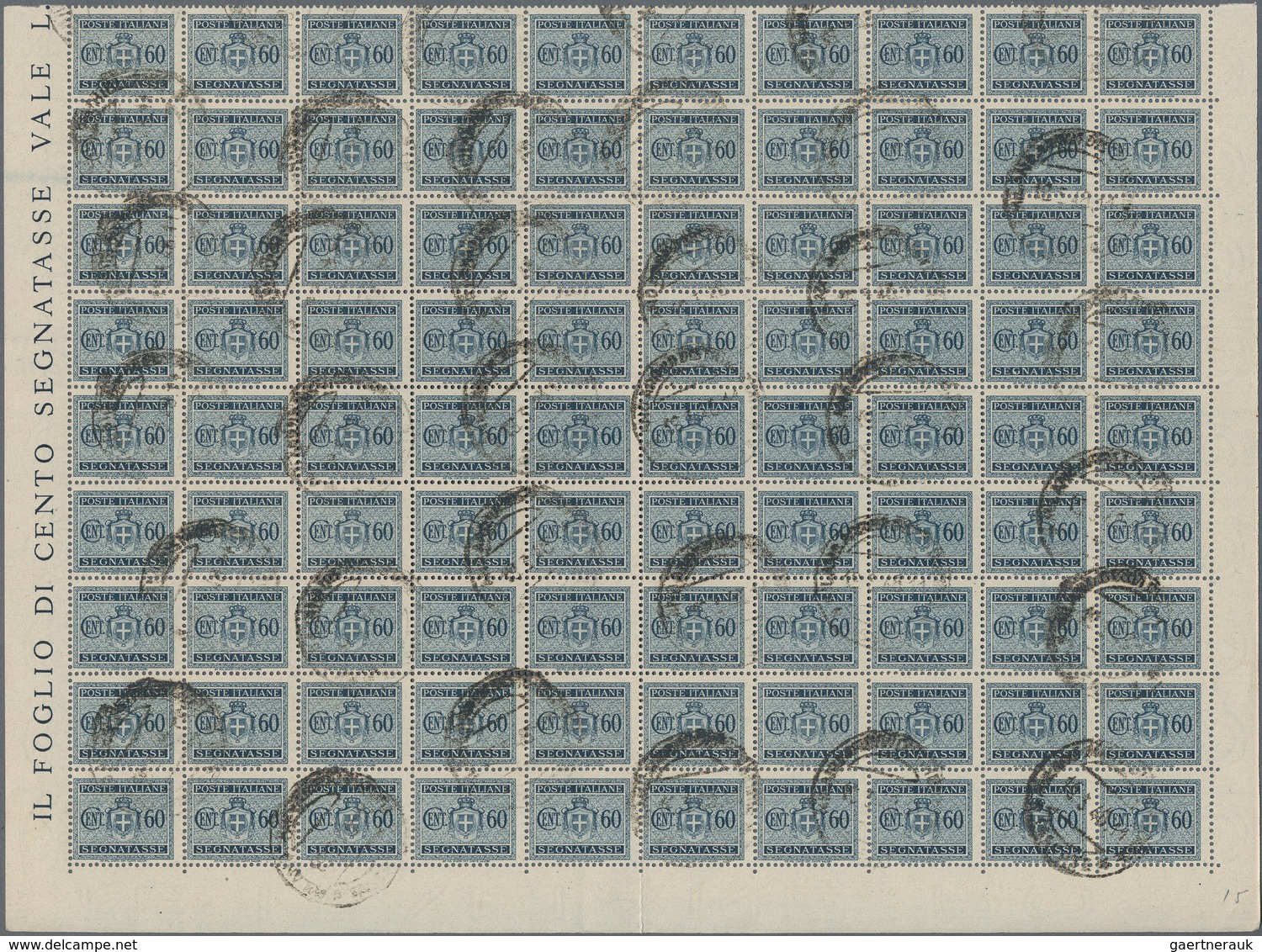 Italien - Portomarken: 1945, 60c. Slate, Pane Of 90 Stamps (folded), Fully Gummed And C.t.o., Certif - Postage Due