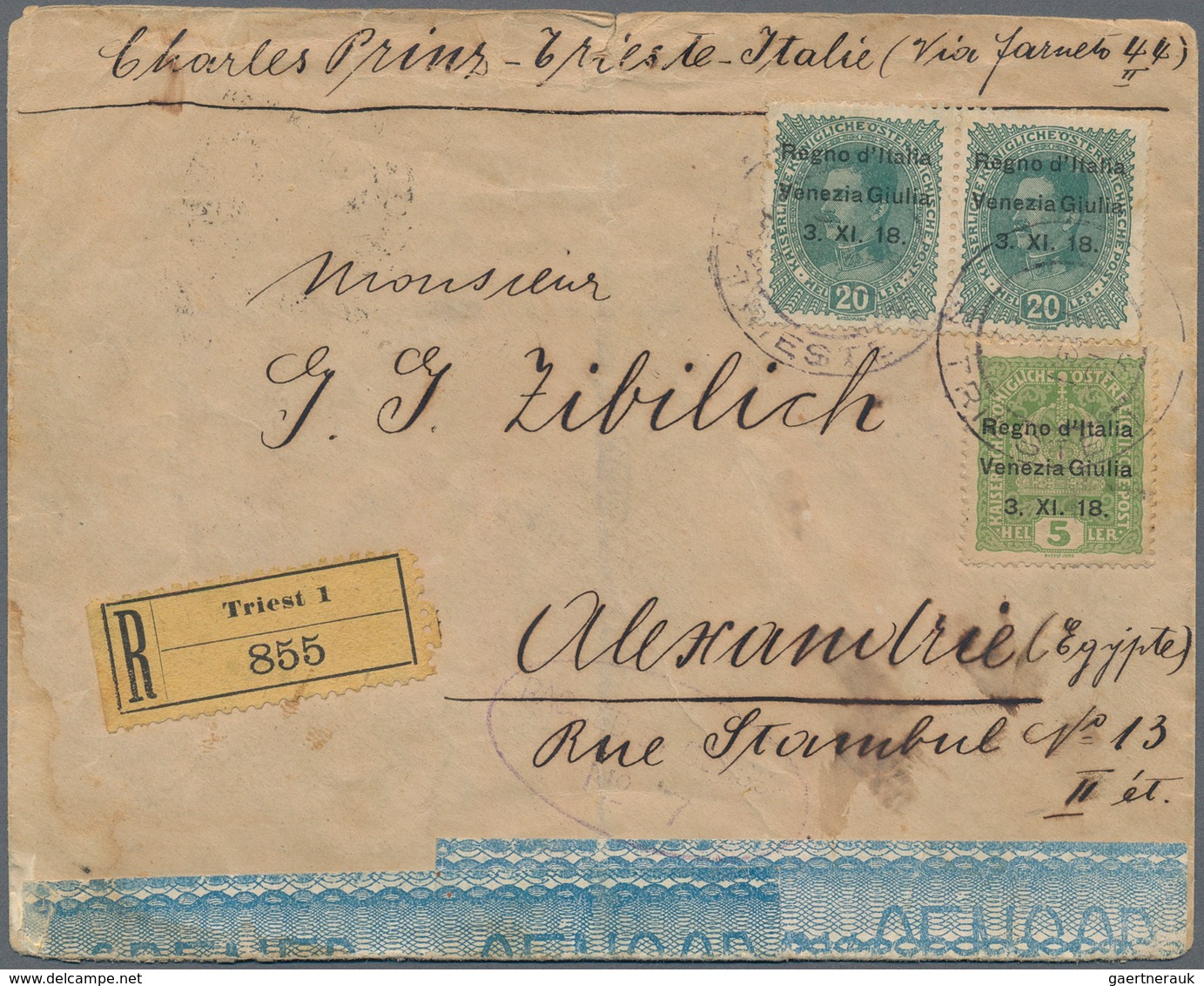 Italienische Besetzung 1918/23 - Julisch-Venetien: 1918, 2 X 5 H Yellow-green And 2 X 20 H Blue-gree - Venezia Giulia