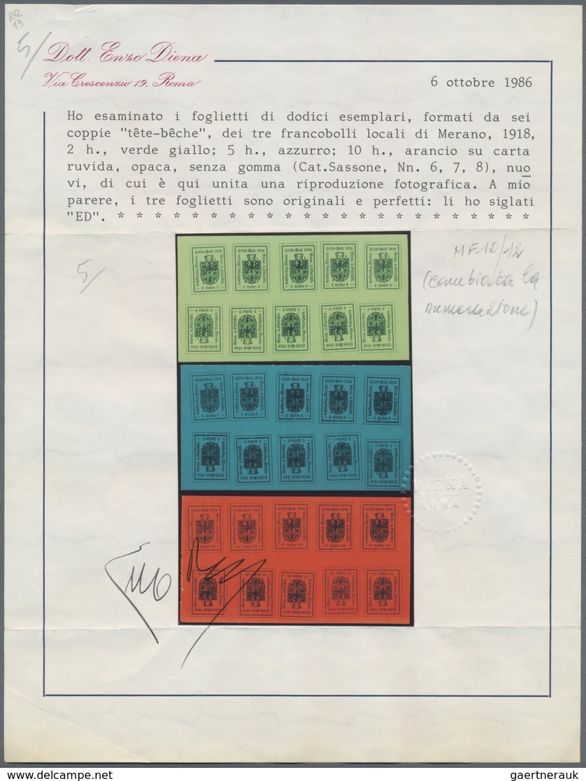 Italien - Lokalausgaben 1918 - Meran: 1918, 2 H schwarz auf gelbgrün, 5 H schwarz auf blau und 10 H