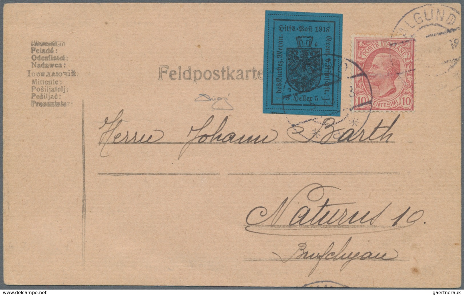 Italien - Lokalausgaben 1918 - Meran: 1918, 5 H Schwarz Auf Blau, Zusammen Mit Italien 10 C Rosa Fre - Meran