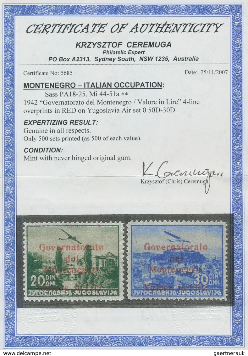 Italienische Besetzung 1941/43 - Montenegro: 1942, Airmail Overprints, Complete Set Of Eight Values - Montenegro