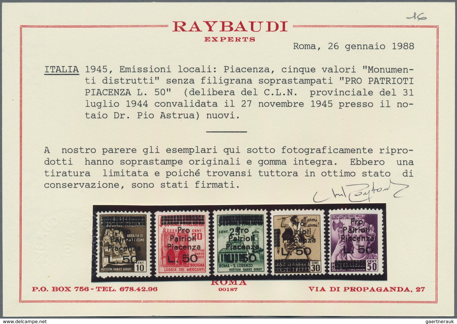 Italien - Lokalausgaben 1944/45 - Piacenza: 1945, "L. 50" On 10c. To 50c., Set Of Five Values, Unmou - Sonstige & Ohne Zuordnung