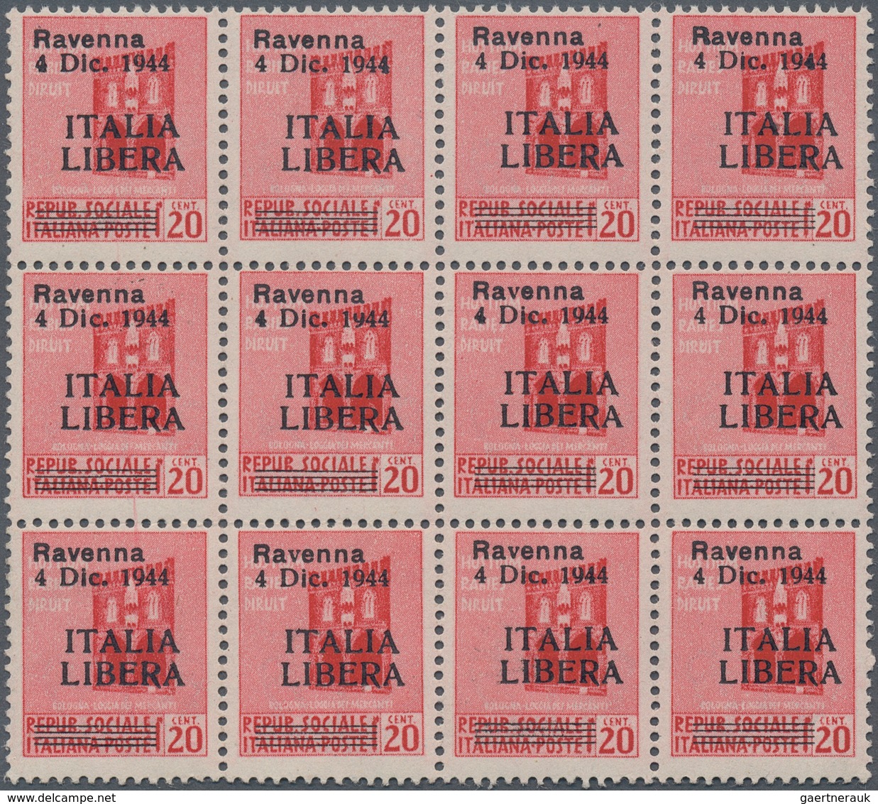 Italien - Lokalausgaben 1944/45 - Ravenna: 1944, "ITALIA LIBERA" On 20c. Red, Block Of Twelve Stamps - Other & Unclassified