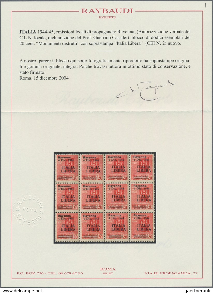 Italien - Lokalausgaben 1944/45 - Ravenna: 1944, "ITALIA LIBERA" On 20c. Red, Block Of Twelve Stamps - Autres & Non Classés