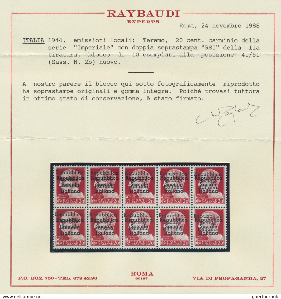 Italien - Lokalausgaben 1944/45 - Teramo: 1944, Teramo Local Overprint, 20 Cent Carmine "Imperiale", - Local And Autonomous Issues